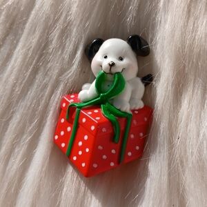 Vintage Russ Brooch Pin Black & White Puppy Dog Red Green Christmas Present Gift